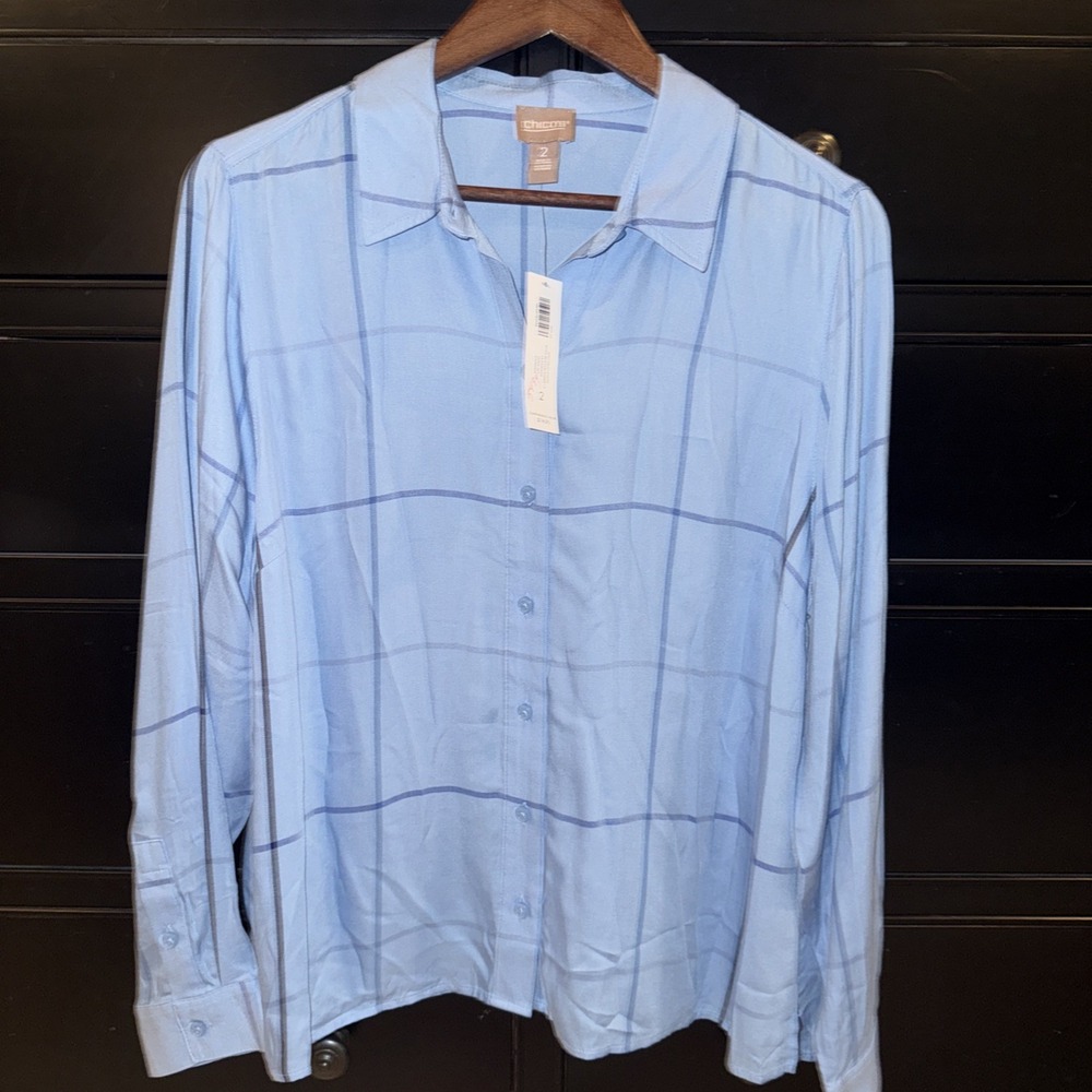 Chico's Women's. Spectrum Stripe Boxy Button Down Open Sky Blue Size 2 (L)